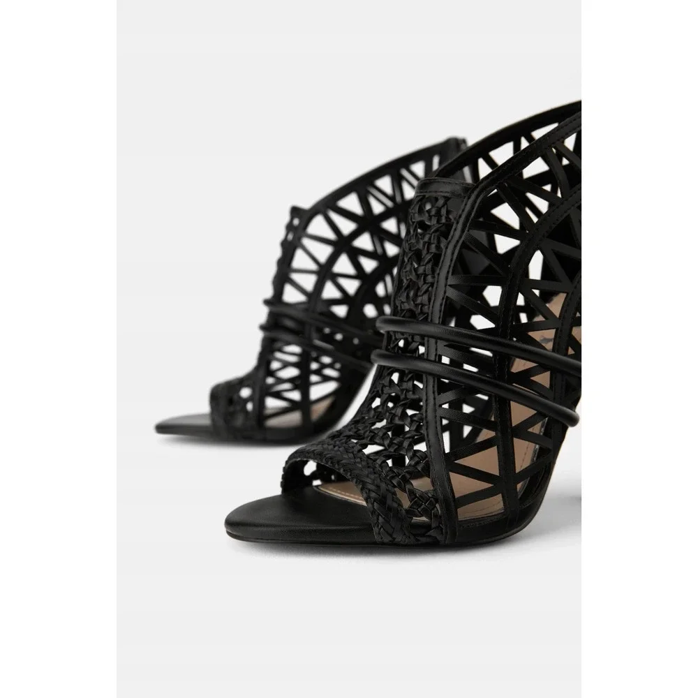 Zara Black Cage Cutout Woven Geometric Stiletto Heel Sandals 38 7.5 NEW - Picture 3 of 14